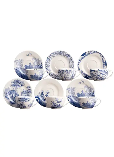 Archive Blue Tea Cups & Saucers Set of 6